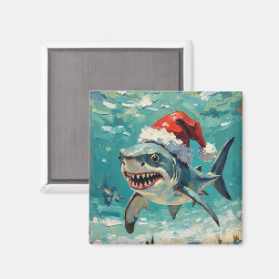 Vintage Haai met Kerstman Hoed Kerst Kunst Magneet