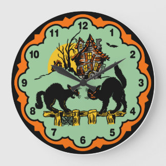 Vintage Halloween Black Cats And Haunted House Grote Klok