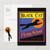Vintage Halloween Briefkaart Black Cat Flying Scho (Voorkant / Achterkant)