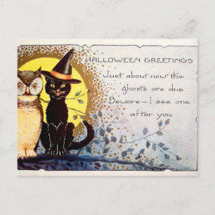 Vintage Halloween briefkaart van katten en 