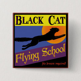 Vintage Halloween Button Black Cat Flying School