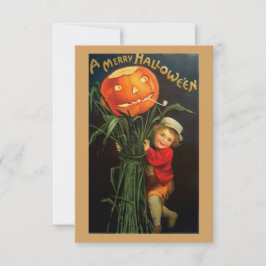 Vintage Halloween Child Holding Pumpkin Scarecrow