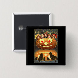 Vintage Halloween Children, Jack o' Lantern & Cats Vierkante Button 5,1 Cm