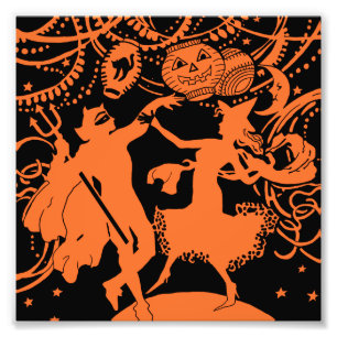 Vintage Halloween Devil Witch Dance Foto Afdruk