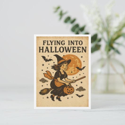 Vintage Halloween Flying Briefkaart (Staand voorkant)