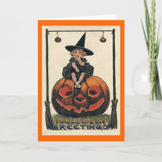 Vintage Halloween Girl op Jack o'Lantern Kaart (Voorkant)