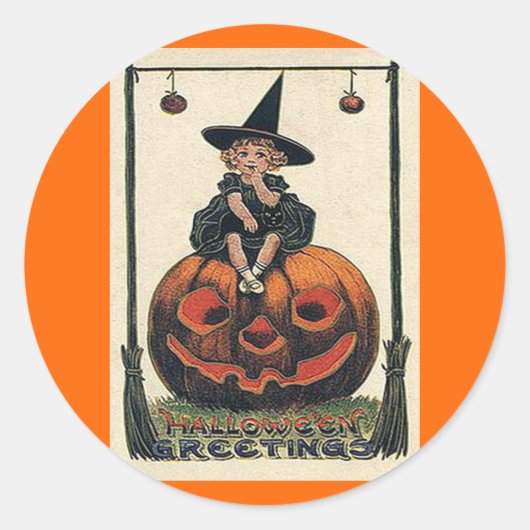 Vintage Halloween Girl op Jack o'Lantern Ronde Sticker (Voorkant)
