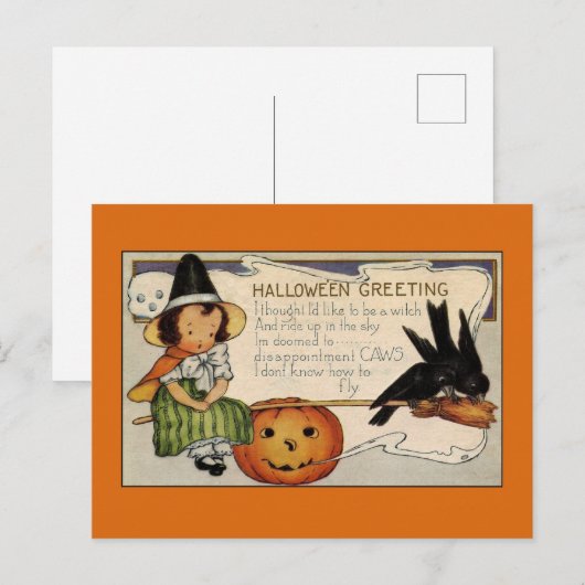 Vintage Halloween Greetings Cute Witch Briefkaart (Voorkant / Achterkant)