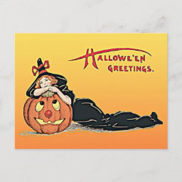 Vintage Halloween-groetings-heks-pomkin Briefkaart