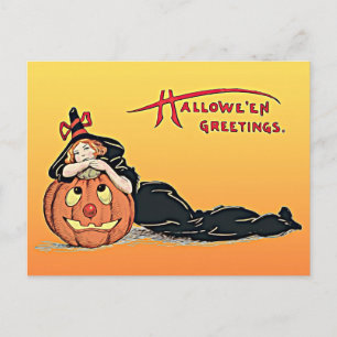 Vintage Halloween-groetings-heks-pomkin Briefkaart