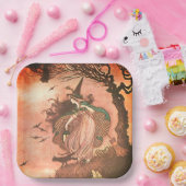 Vintage Halloween-heks- en zwart-witpapier Bord (Feest)