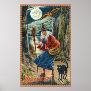 Vintage Halloween-heks-kattevleermuispartij-decor- Poster