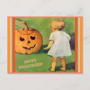 Vintage Halloween Jack-O-Lantern & Little Girl-dis Briefkaart