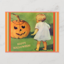 Vintage Halloween Jack-O-Lantern & Little Girl-dis Briefkaart