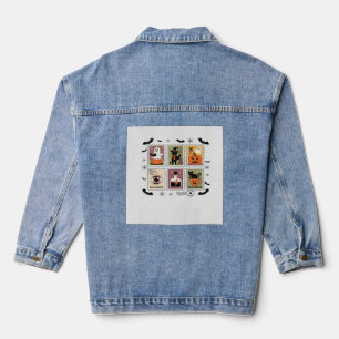Vintage Halloween Kat Postzegel Collectie T-shirt Denim Jacket