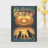 Vintage Halloween Kinderen die zich achter pompoen Kaart (Gele Bloem)