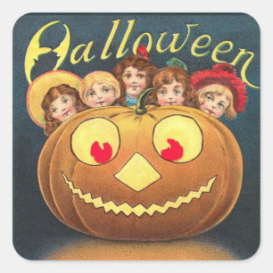 Vintage Halloween Kinderen die zich achter pompoen Vierkante Sticker