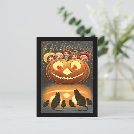 Vintage Halloween kinderen en katten Briefkaart (Staand voorkant)
