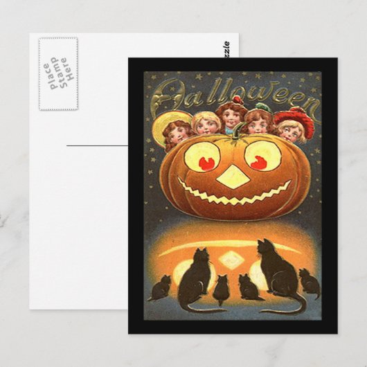Vintage Halloween kinderen en katten Briefkaart (Voorkant / Achterkant)