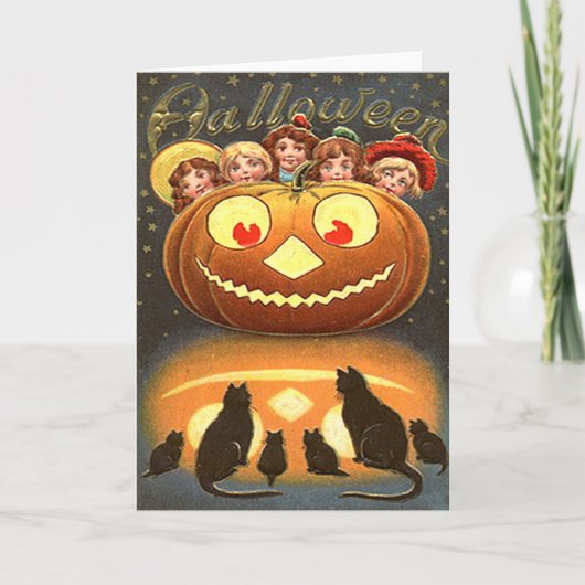 Vintage Halloween kinderen en katten Kaart (Voorkant)