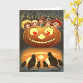 Vintage Halloween kinderen en katten Kaart (Gele Bloem)