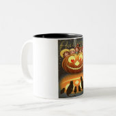 Vintage Halloween kinderen en katten Tweekleurige Koffiemok (Voorkant links)