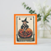 Vintage Halloween-meisje op Jack o'Lantern Briefkaart (Staand voorkant)