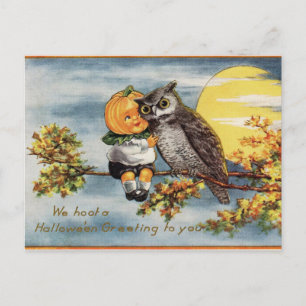 Vintage Halloween Owl Moon Pumpkin Briefkaart