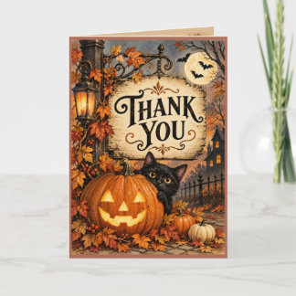 Vintage Halloween Pumpkin Black Cat Thank You Card Kaart