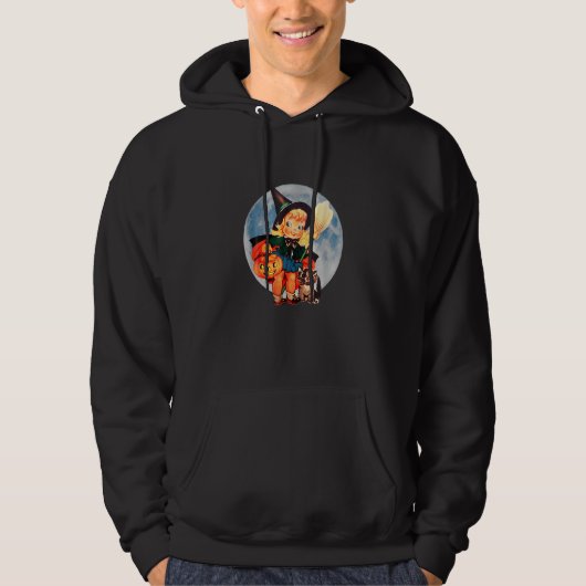 Vintage Halloween Retro Cute Witch Pumpkin Cat Hoodie (Voorkant)