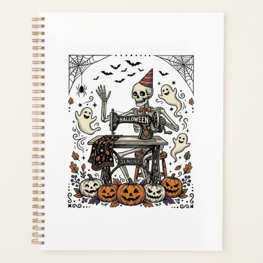 Vintage Halloween Skelet Naaimachine Shirt De Planner (Voorkant)