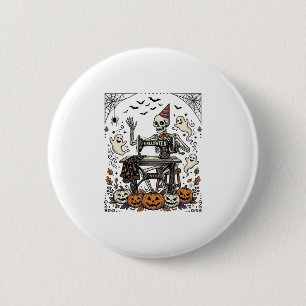 Vintage Halloween Skelet Naaimachine Shirt De Ronde Button 5,7 Cm
