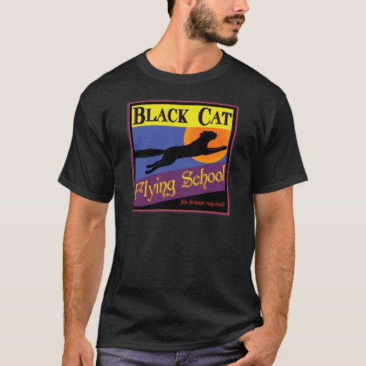 Vintage Halloween T-shirt Black Cat Flying School (Voorkant)