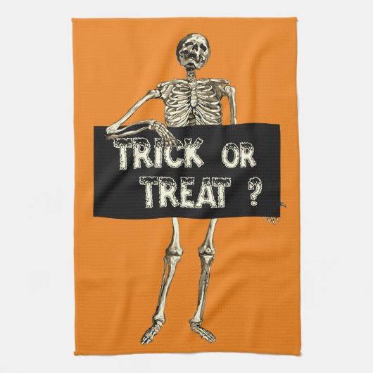Vintage Halloween Trick or treat Skeleton Theedoek (Verticaal)