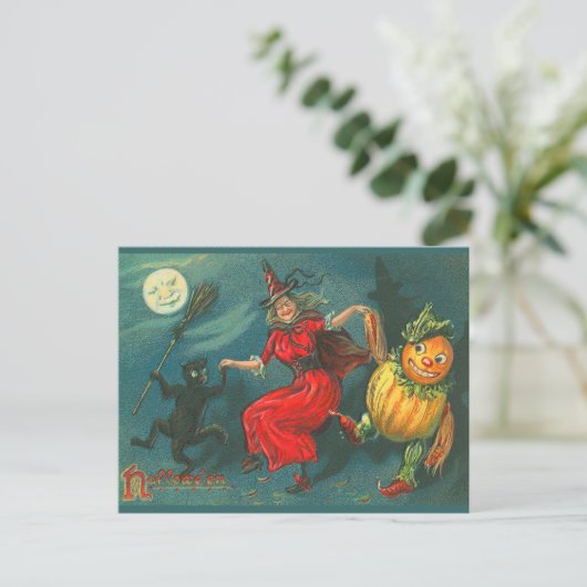 Vintage Halloween Witch Briefkaart (Staand voorkant)