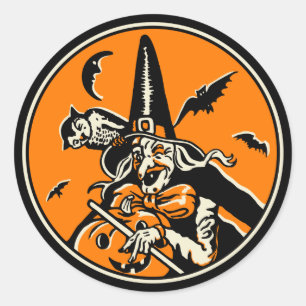 Vintage Halloween Witch en Jack O'Lantern Ronde Sticker