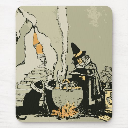 Vintage Halloween, Witch with Cauldron and Cats Muismat (Voorkant)