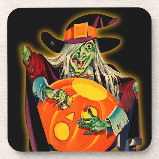 Vintage Halloween Witch with Jack O'Lanten Bier Onderzetter (Voorkant)