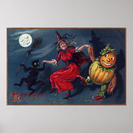 Vintage Halloween witje poster van zwarte kattenpo (Voorkant)