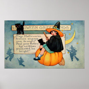 Vintage Halloween witje-poster voor kattendeeg Poster