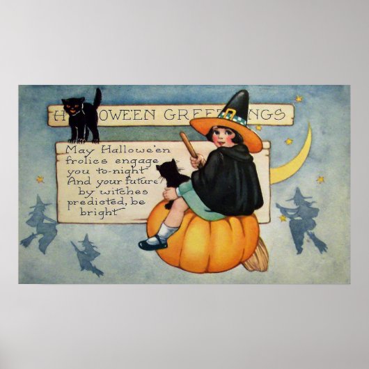 Vintage Halloween witje-poster voor kattendeeg Poster (Voorkant)