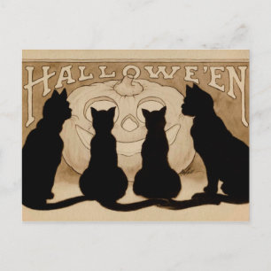 Vintage Halloween zwarte katten pompoenen briefkaa Feestdagenkaart