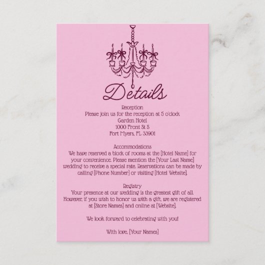 Vintage Hand Drawn Chandelier Wedding Details Informatiekaartje (Voorkant)