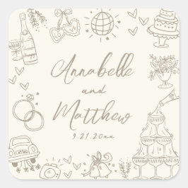 Vintage Hand Drawn Whimsical Wedding Vierkante Sticker