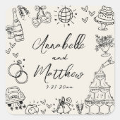 Vintage Handgetekende Whimsical Bruiloft Vierkante Sticker (Voorkant)