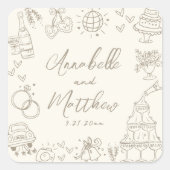 Vintage Handgetekende Whimsical Bruiloft Vierkante Sticker (Voorkant)