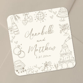 Vintage Handgetekende Whimsical Bruiloft Vierkante Sticker