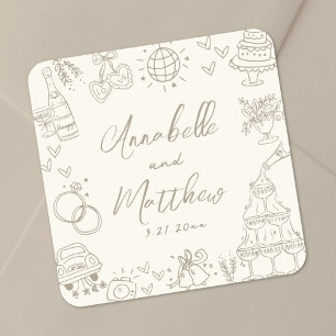 Vintage Handgetekende Whimsical Bruiloft Vierkante Sticker