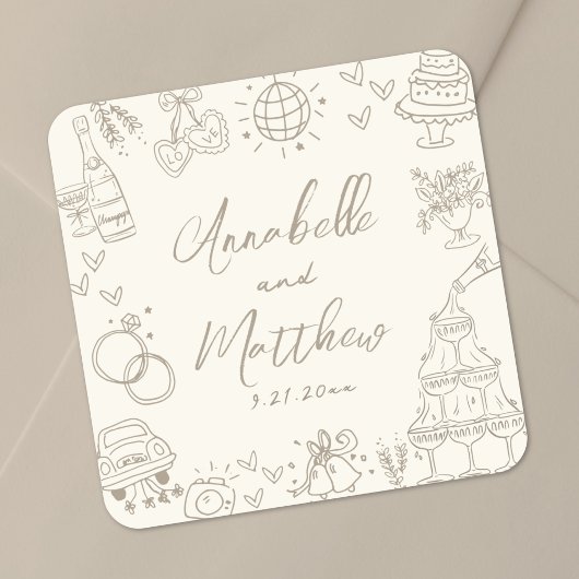 Vintage Handgetekende Whimsical Bruiloft Vierkante Sticker