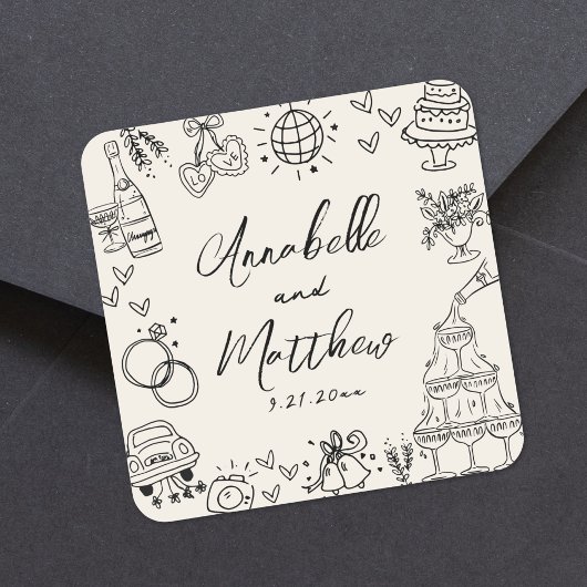 Vintage Handgetekende Whimsical Bruiloft Vierkante Sticker